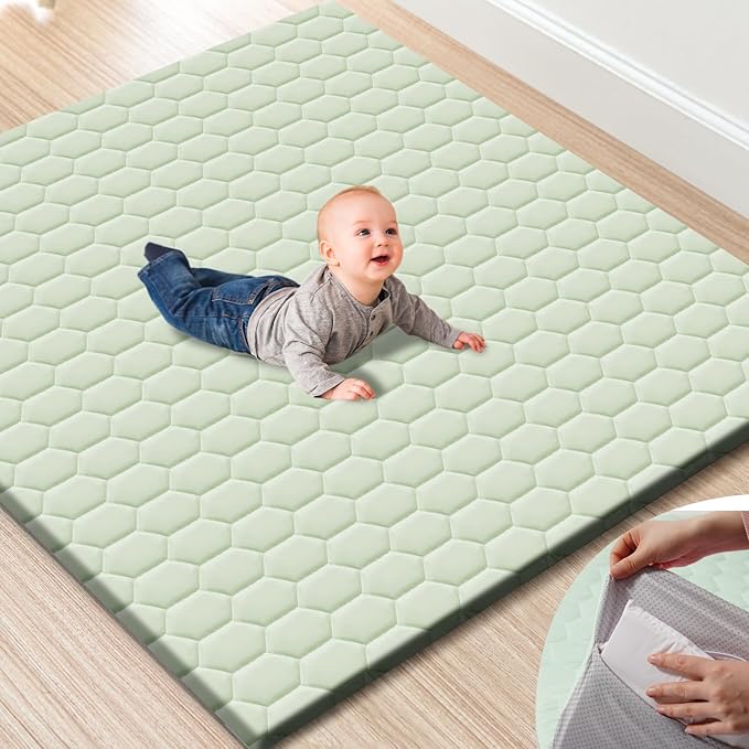 TINYHARBO Premium Foam Baby Play Mat 50" x 50" with Removable Cover, Extra Thick Padding Playpen Mat, Non-Slip Floor Mat, Stylish & Easy to Clean for Crawling Baby, Infants & Toddlers, Green
