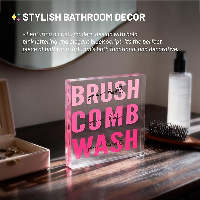 Pink Bathroom Decor, Acrylic Kids Bathroom Decoration Sign, Modern Restroom Decor, Cute Bath Rules Art, Self-care Gifts, Pink Aesthetic Vanity Sign for Girls, Women, Dorm Room