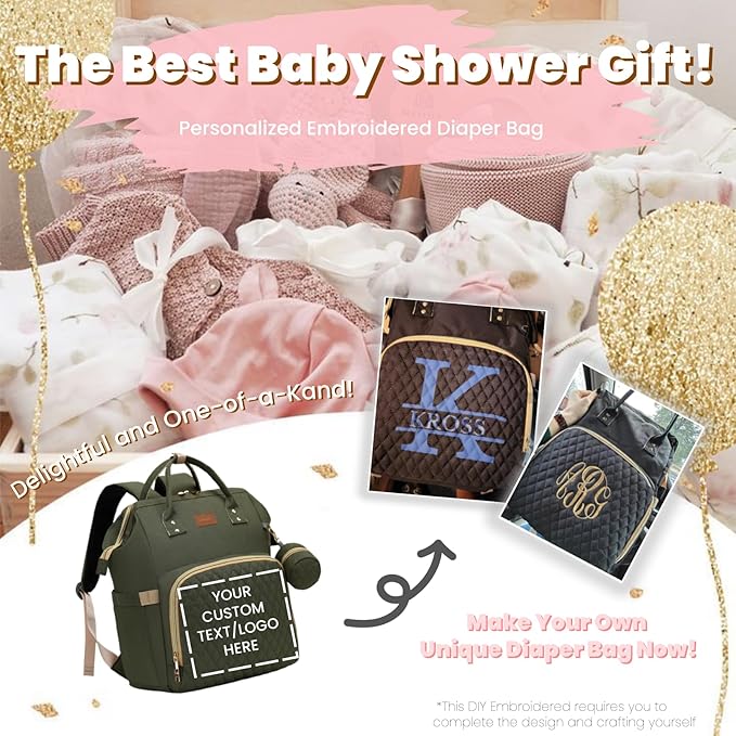 ROSEGIN Diaper Bag Backpack with Changing Pad, Pacifier Case, Baby Bag for Boy Girl Toddler - Large, Stylish, Waterproof Travel Quilted Diaper Bag for Mom - Baby Shower - Army Green