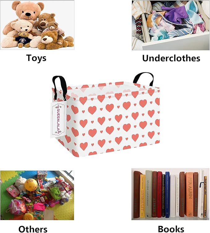 QUEENLALA Rectangular Laundry Hamper/Foldable Nursery Laundry Basket for Organizing/Storage Bin Baskets/Children Toy Office Bedroom/Toy Bin Closet Shelf Baskets（Rec-Pink Heart）