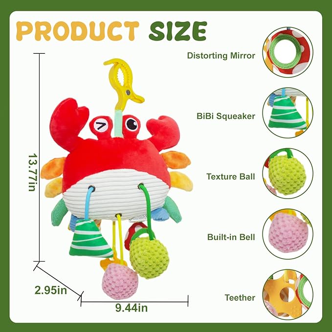 Crab Baby Toy - Clip-On Hanging Sensory Toy for Car Seat, Stroller, Gym with Squeaker, Crinkle, Rattle, Mirror & Teether | Soft Plush 18 Months Infant Developmental Toy for Tummy Time (Red)