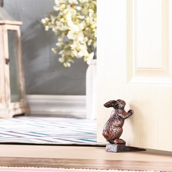 Rabbit Door Stoppers for Bottom of Door - Cast Iron Cute Bunny Door Stop - Antique Copper Decorative Door Stopper Wedge - 2.49 Lbs