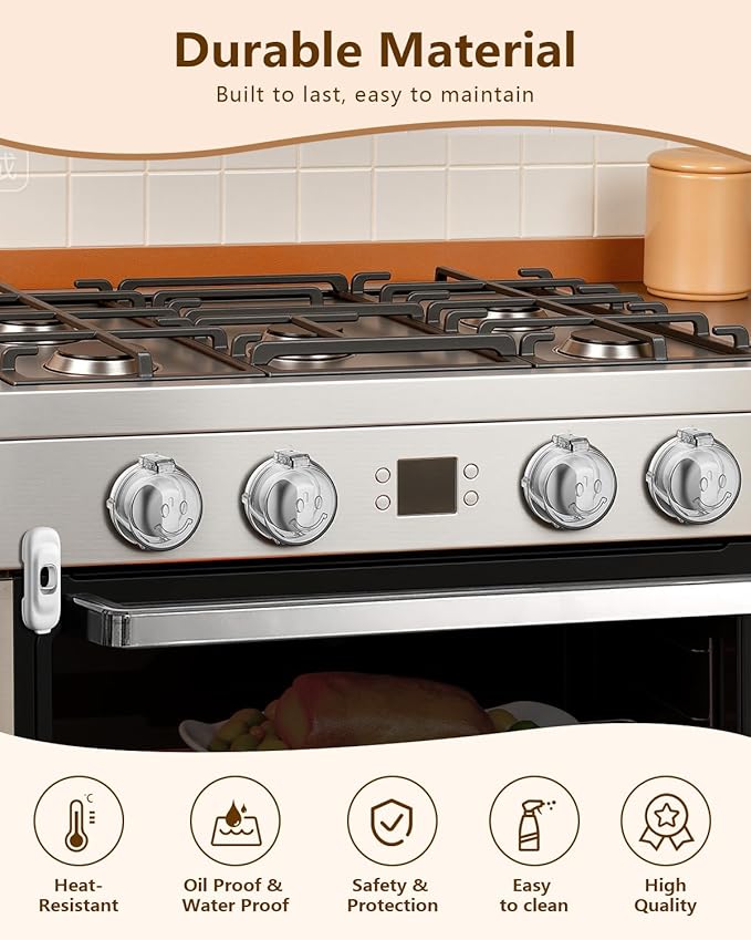 Stove Knob Covers - 5+1 Pack Heat Resistant Gas Stove Knob Covers with Child Proof Lock & Strong Adhesive, Oil-Proof Oven Knob Covers with Clear Transparent Design, White