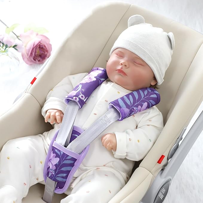 WINGHENLEE Baby Car Seat Strap Pads Suit, 3 Pieces Soft Car Seat Strap Shoulder Covers for Baby Infant Toddler, Double-Sided Car Seat Belt Covers for Stroller, Pushchair, Baby Swing, Purple Floral