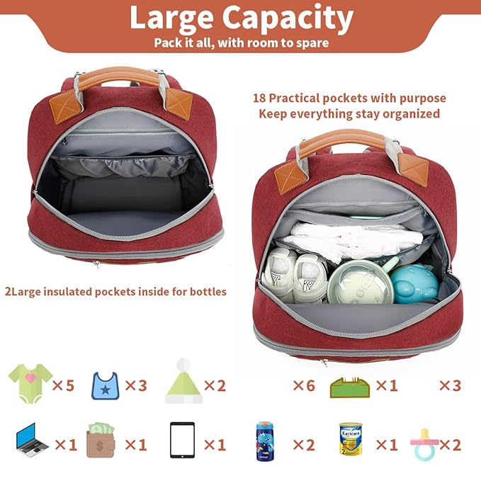 BILLITON MASHI Diaper Bag Backpack, Large Baby Nappy Bags with Portable Changing Pad for Boys and GirlsMultifunction Travel Baby Bag for Moms Dads, Shower Gifts Waterproof and Stylish，Red