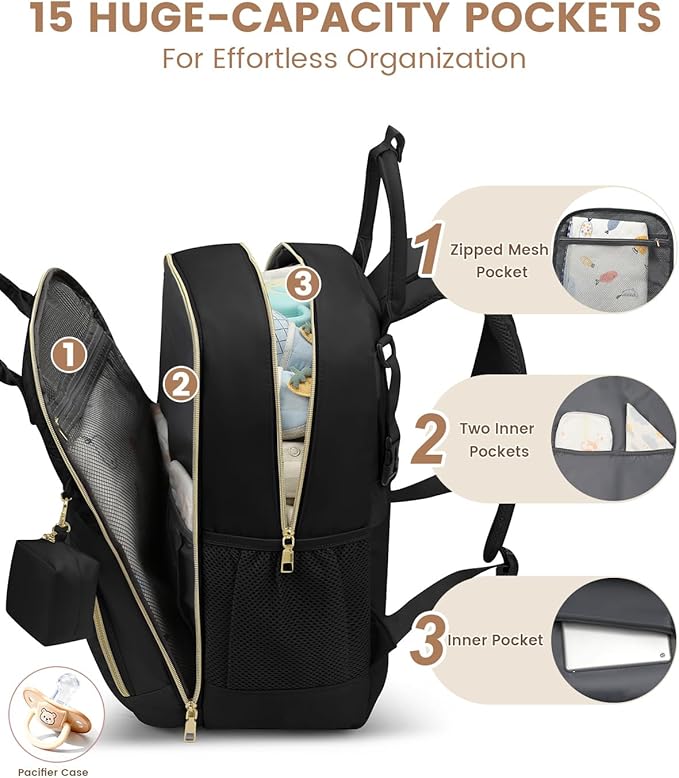 Pritent Diaper Bag Backpack,Baby Essentials Diapers Bag with Pacifier Case,Multipurpose Stylish Large Capacity Travel Backpack for Baby Girl/Boy(L-Black)