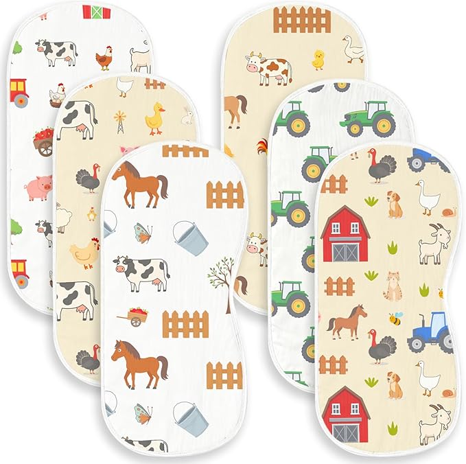 Spriggenix 6 Pack Farm Burp Cloths Baby Boys Girls with Farm Animals Pattern, Large Cotton Burp Rags for Newborns Gifts Nursery Decor Extra Soft and Absorbent 9.8X19.6inches