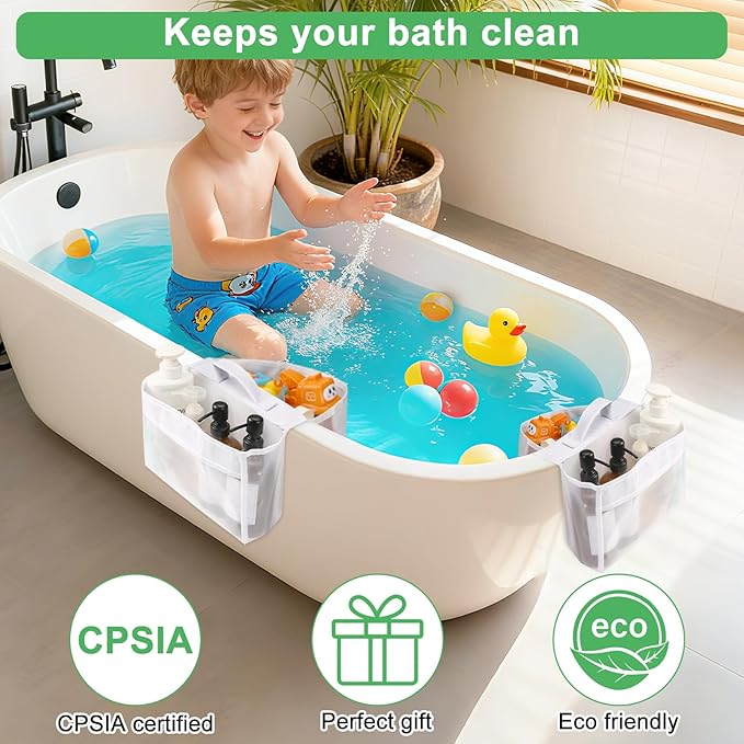 2 Pack Bath Tub Toy Storage Organizer,Baby Bath Tub Toys Storage,Saddle Shape 2 Compartments Mesh Shower Toy Holder (White)