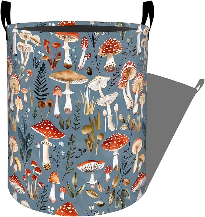 Cute Mushroom and Green Leaves Laundry Basket with Handles, 19.7"x15.7" Clothes Foldable Laundry Hamper Organizer for Dorm Nursery Bedroom Bathroom Decor, Toy Storage Bin for Kids