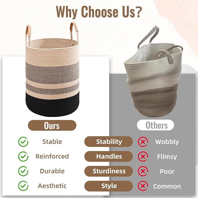 Degeyoyo 75L Striped Laundry Basket, Brown & Black Laundry Hamper with Leather Handles, Woven Cotton Rope Storage Bin for Blankets, Nursery Hamper for Clothes, Toys In Bathroom, Livingroom, Bedroom