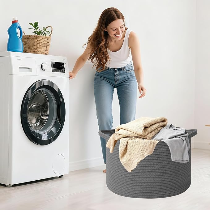 Large Storage Basket with Handle,19.7" L x 19.7" W x 13" H Blanket Basket Storage Bins for Organizing,65L Cotton Rope Woven Baskets for Living Room, Nursery,Bedroom,Dark Gry