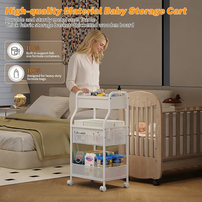 Diaper Caddy Organizer 3-Tier Rolling Cart, Metal Utility Cart with 4+2 Dividers & Lockable Silent Casters, Mobile Storage Cart for Nursery Essentials, Multi-Purpose for Kidsroom Changing Table