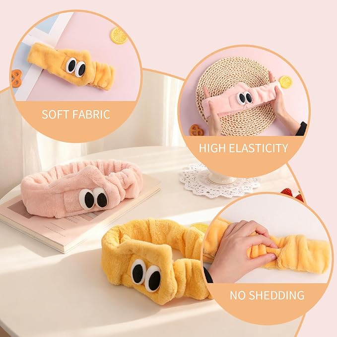 PERFECTSIGHT 2 Pack Cute Animal Headbands for Makeup Wash Shower Adjustable Elastic Hair Band for Girls and Women (Yellow+Pink Eye)