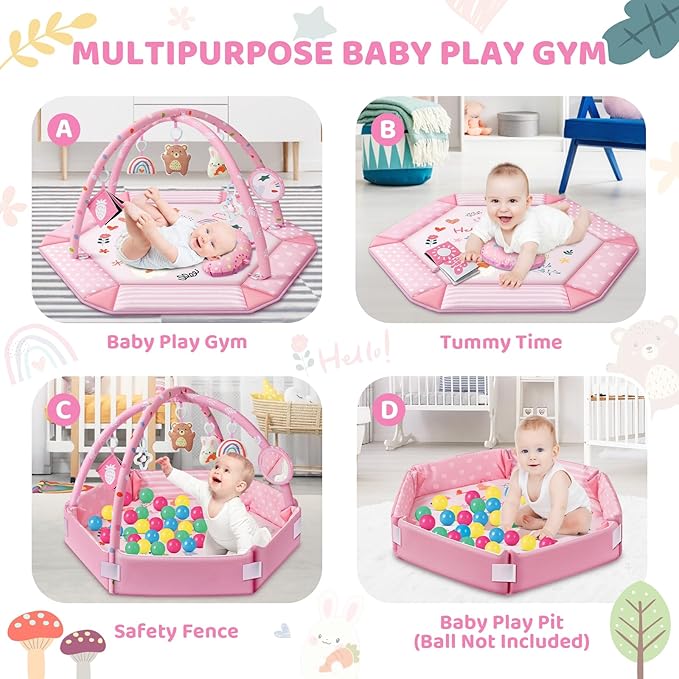 Baby Gym Play Mat, 8-in-1 Tummy Time Mat & Ball Pit with 6 Toys, Washable Baby Activity Mat for Visual, Hearing, Sensory, Motor Development, Babies Gift for Newborn Infant 0-3-6-9-12 Months (Pink)
