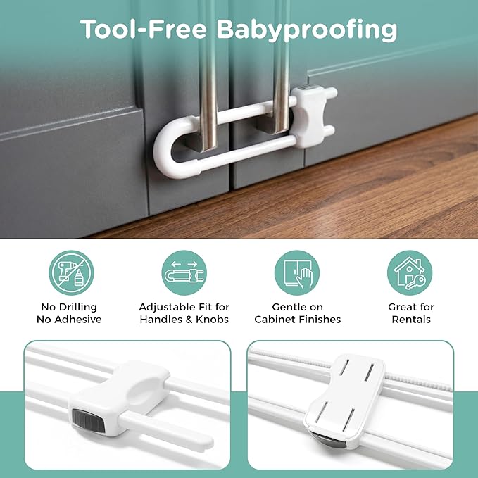 Baby Proofing Cabinets, SKYLA HOMES Sliding Cabinet Locks for kids, Adjustable U-Shaped Child Safety Cabinet Lock for Handles & Knobs, Tool-free Child Proof Latches Lock for Kitchen Bathroom (4 Pack)