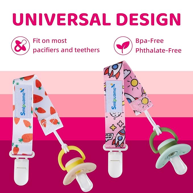 Smlpuame Pacifier Clip Girl,6 Pack Stylish Binky Clips Strap for Baby Girls,Paci Holder with Clip Lightweight Universal Fits Most Pacifiers Teether Toy Teething Ring Soothie,Baby Gifts(Pink & Grey)