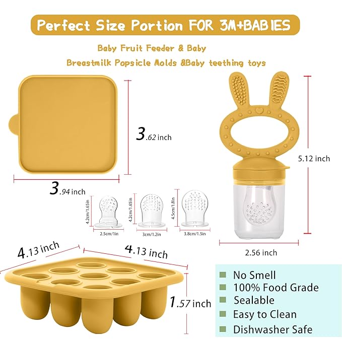 Baby Breastmilk Popsicle Molds & Baby Fruit Feeder (2 Pack), Baby Food Freezer Tray Storage Containers, Silicone Teething Pacifier Feeder and Teether for Babies,Baby Feeder - Yellow