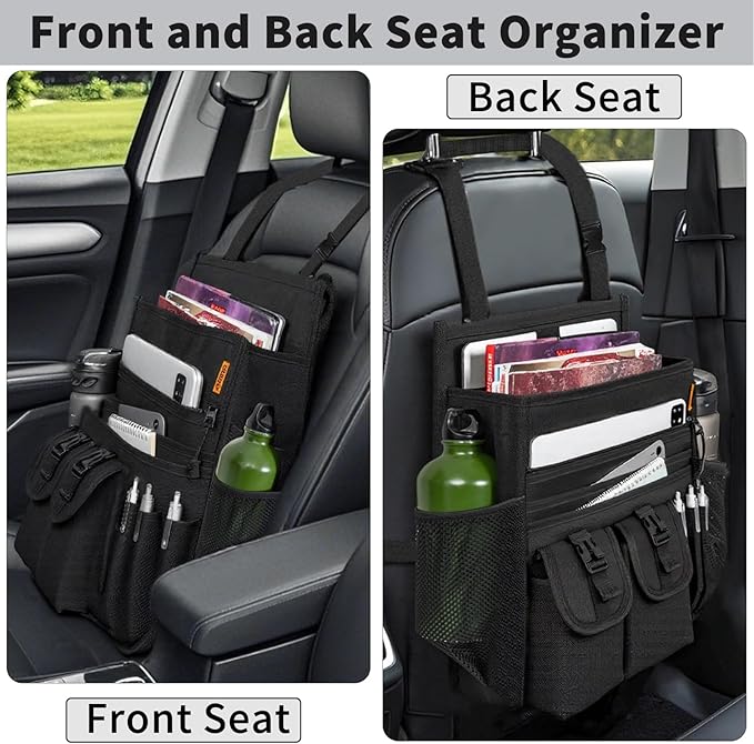 FREEAMG Car Front Seat Organizer Backseat Organizer with Dedicated Tablet Laptop Storage Adjustable Shoulder Strap Cup Holder Truck Seat Storage Universal fits for Most of Car