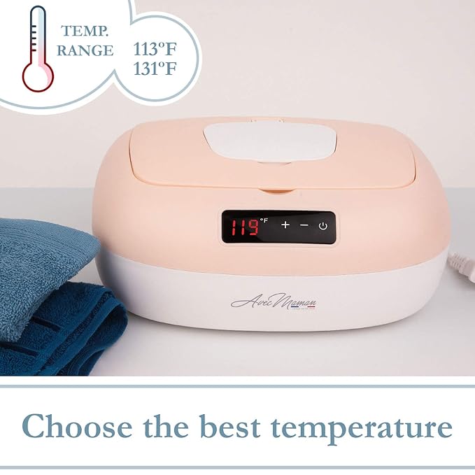 Avec Maman La Caresse Baby Wipe Warmer - Baby Essentials for Girls - Wet Wipe Dispenser - Adjustable Heat Settings Digital Display - Pink - Calentador de Wipes para Bebes - Blue
