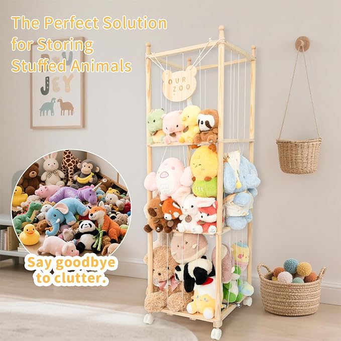 Stuffed Animal Storage Zoo Organizer – Tall Wooden Tower Holder for Large Plush Toys – Vertical Space Saving Cage Display – Kids Playroom Nursery Bedroom Toy Organization Solution