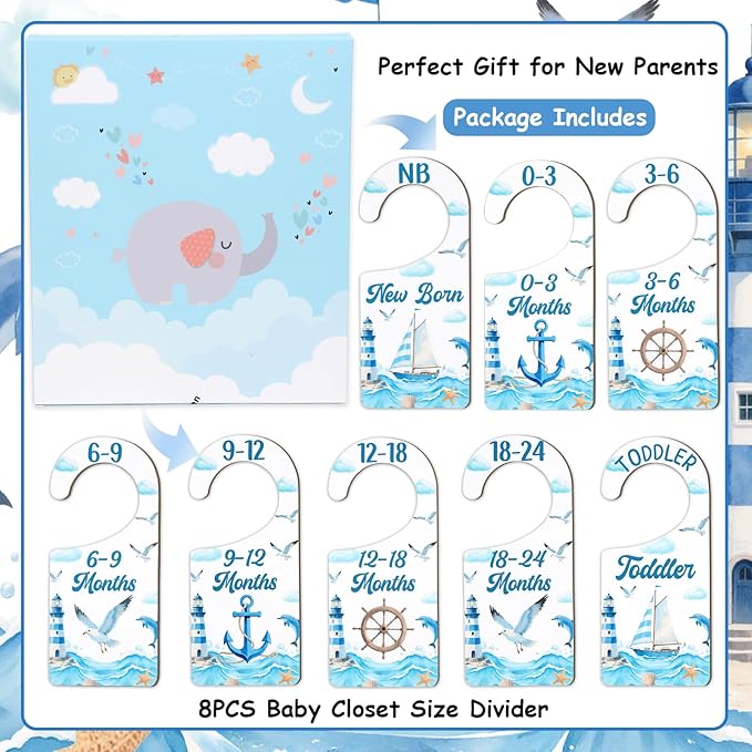 Baby Closet Dividers 8PCS, Nautical Themed Wooden Double-Sided Clothes Size Hanger/Organizer from Newborn to Toddler for Nursery Decor Baby Shower Birthday Gender Reveal Party Gift