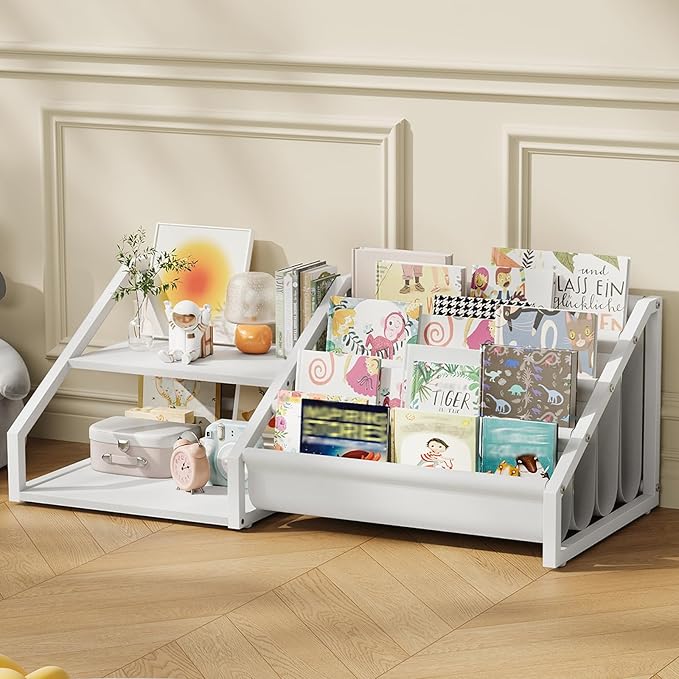CHOEZON Kids Bookshelf, Book Shelf for Kids Rooms, Toddler Bookshelf with 2 Open Shelves and 4-Tier Sling Rack, for Kid Room, Nursery, Bedroom, Playroom, White TCW16WB