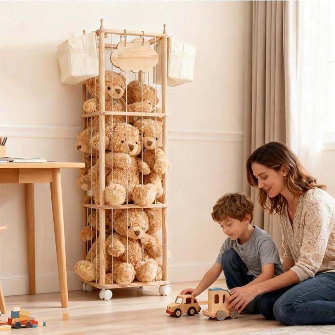 M MEEPO Stuffed Animal Storage & Organizer, with 2-Piece Large Detachable Toy Storage Bags, Wooden Tall Zoo Toys Storage with Wheels for Kids Playroom Kidroom Bedroom, Easy Assemble, 53 Inch