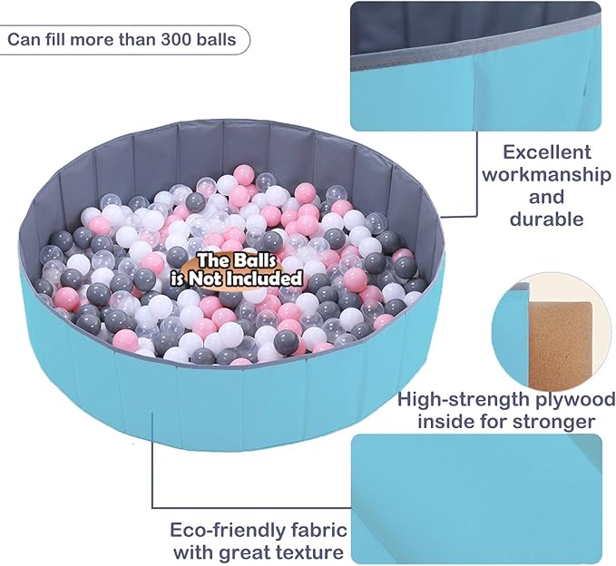 4 Feet Ball Pit for Kids/Baby Play Yard/Fence, Holds Over 600 Balls, Folding Portable, No Need Inflate, More Than 12 Sq.ft Play Space, Light Blue