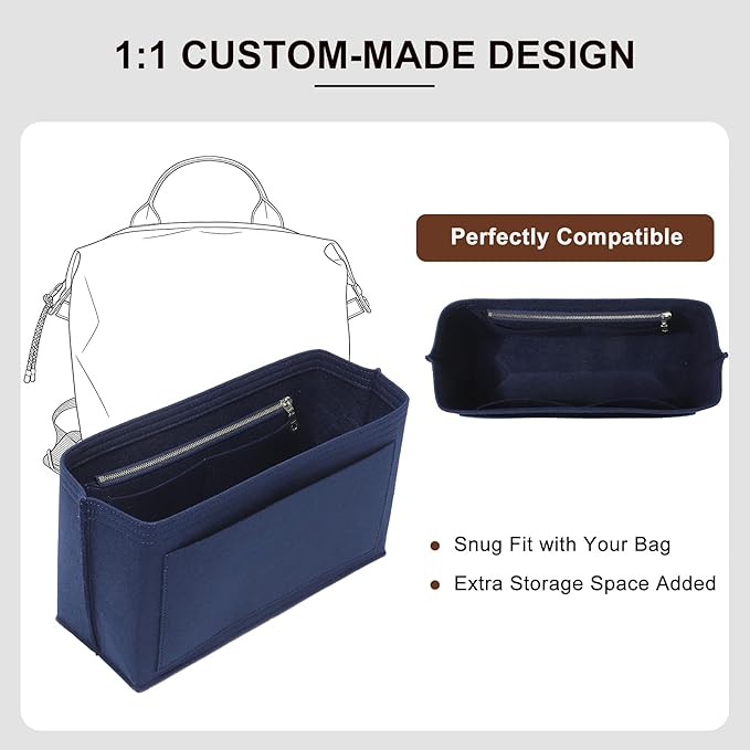 Premium Felt Purse Organizer Insert Compatible with Long Champ Le Pliage L Backpack, Lightwieight Bag Divider Shaper with 8 Pockets & YKK Zipper, Blue/LB