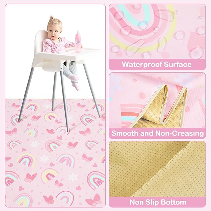 Basumee Splat Mat High Chair Mat Waterproof Baby Play Splat Mat for Under High Chair Food Catcher Highchair Mat for Floor Non Slip Bottom, Pink Rainbow, 46x42 Inches