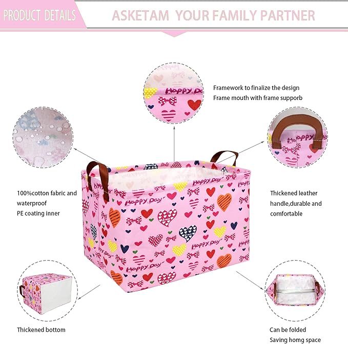 ASKETAM Valentine's Day Basket Gift for Empty Cute Heart Large Storage Bin for Kid and Baby Room Décor (Happy Day Love)