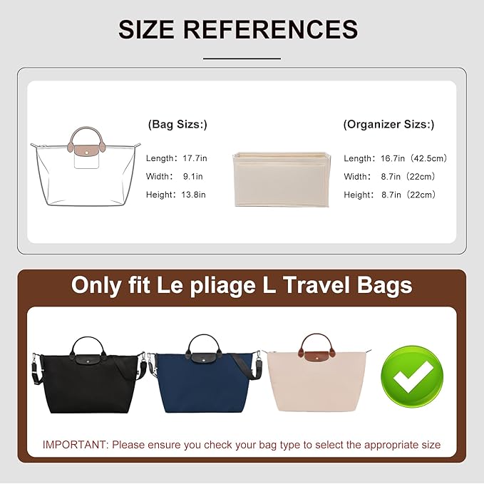 Premium Felt Tote Bag Organizer Insert for Longchamp-Le Pliage L Travel Bag, Large Purse Insert with Zipper Pocket and Cup Holder, 9 Compartments, Beige/LT