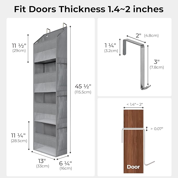GRANNY SAYS Over The Door Organizer, 4-Shelf Behind The Door Storage with 6 Pockets, Waterproof 300D Oxford Fabric Hanging Organizer, Anti Tilt 35lb Load Hanging Shelf for Nursery, Bathroom, Grey