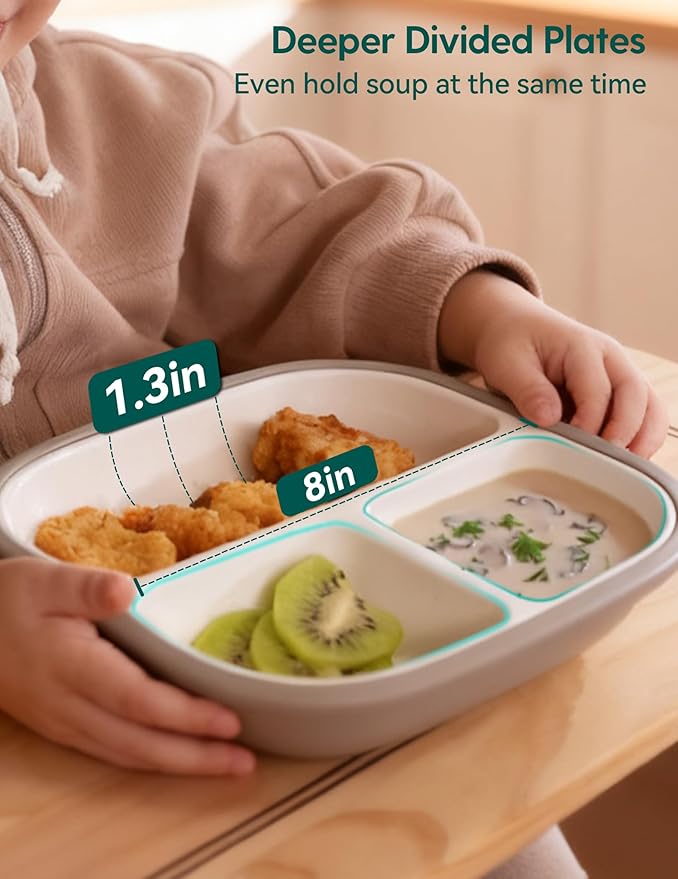 BABELIO 8'' Toddler Porcelain Plates with Silicone Suction Sleeves, Lead & BPA Free, Divided, Microwave & Dishwasher Safe, Stay Put, Suitable for Kids/Babies, Matcha Green