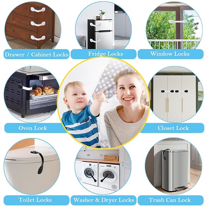 Fursafe&Q Baby Cabinet Locks, Child Safety Cabinet Proofing -Child Safety Strap Locks Adhesive Drawer Fridge Ovens Door Toilet Latches No Drill Multi-Purpose for Furniture Kitchen Lock (WB, 2Pack)