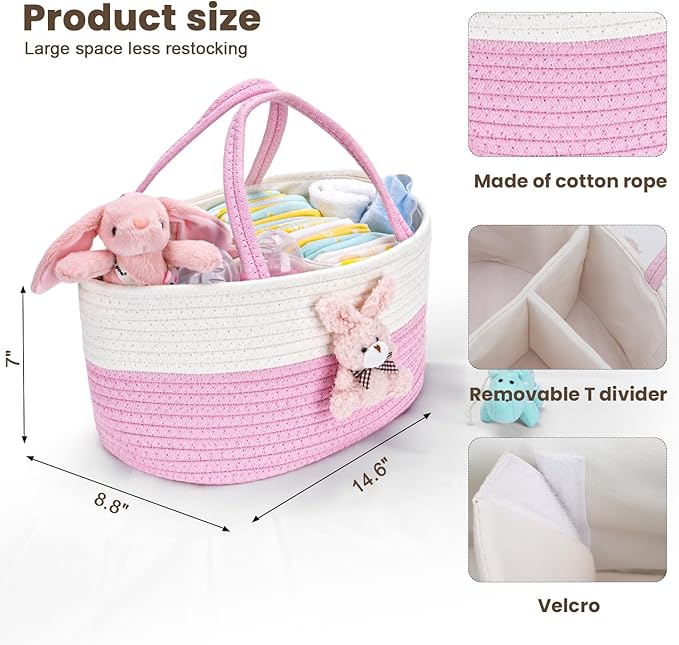 JMBNH Baby Diaper Caddy- With Removable Dividers, Nursery Storage Bin and Car Organizer,Boy & Girl Shower Gift Basket,Portable Organizer,Nursery Essentials-Pink Rabbit