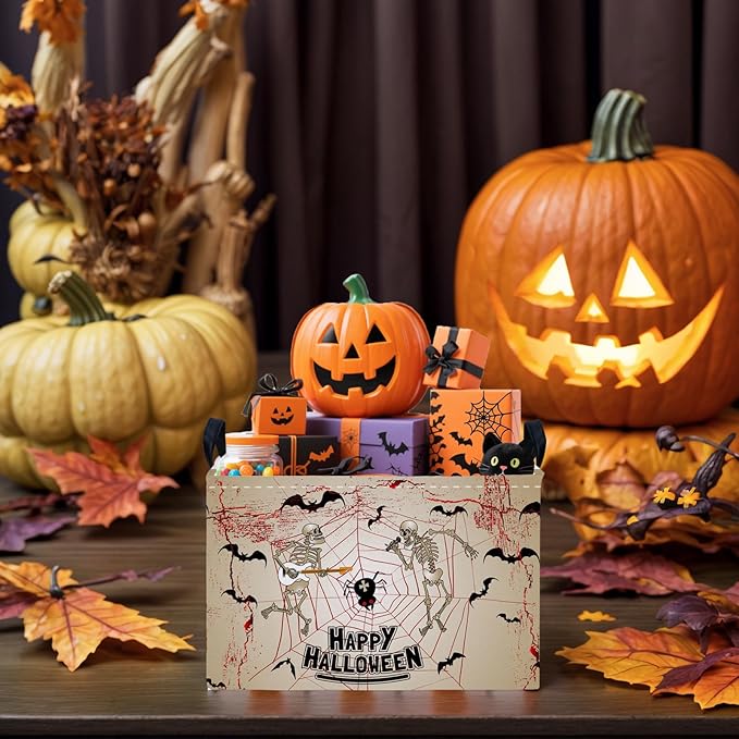 ASKETAM Halloween Basket Gift Terror Ghost Parties Decor Kid Trick or Treat Basket for Boys and Girls Rectangular Storage Bin Box (Skeleton Bat)