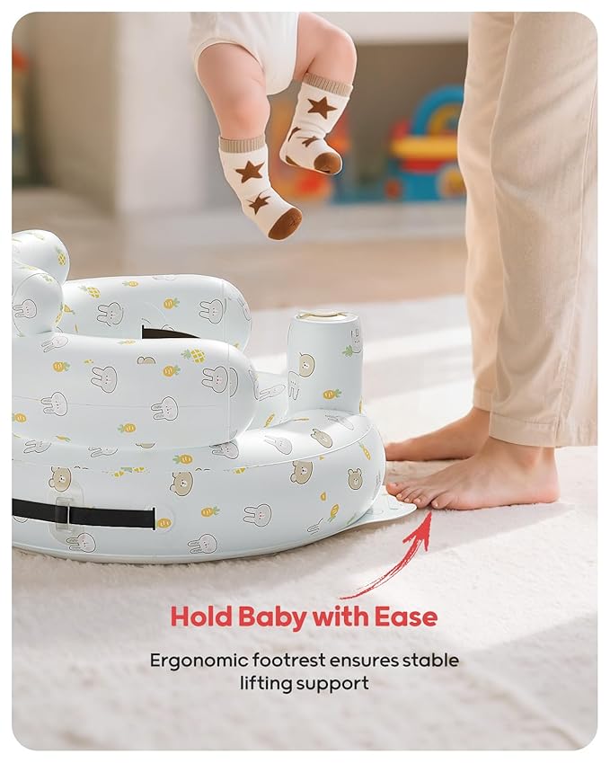 QPAU Inflatable Baby Seat with Safety Harness for Babies 3 Months & Up, Baby Floor Seats for Sitting Up, Baby Seats for Infants, Blow Up Baby Chair with Built in Air Pump (Rabbit and Bear)