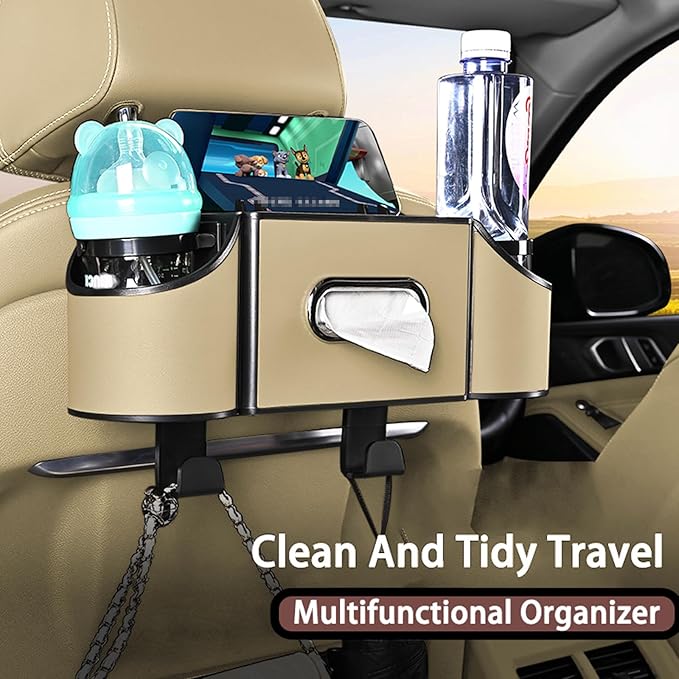 Back Seat Car Organizer,4 in 1 Multifunctional Car Back Seat Storage Box with Drink Cup Holder Tissue Box, for Hold Phone,Snacks, Drinks, Handbag-Meter