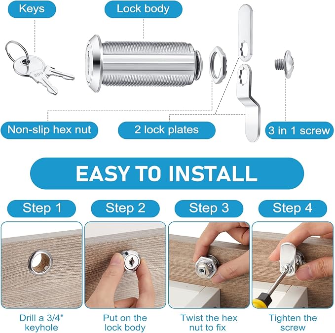 Kenning 24 Sets Cabinet Locks with Keys for Secure Drawer Mailbox RV Storage Box Replacement Lock, Zinc Alloy(1-1/2''Cylinder Length, 1.3'' Max Panel Thickness)