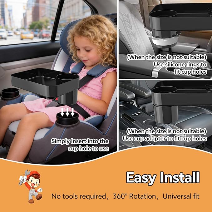2PCS Car Seat Snack Tray for Kids Toddler Travel,Cup Holder Expander for Car,Toddler Travel & Road Trip Accessory for Mess-Free Snacking in The Car (Black)