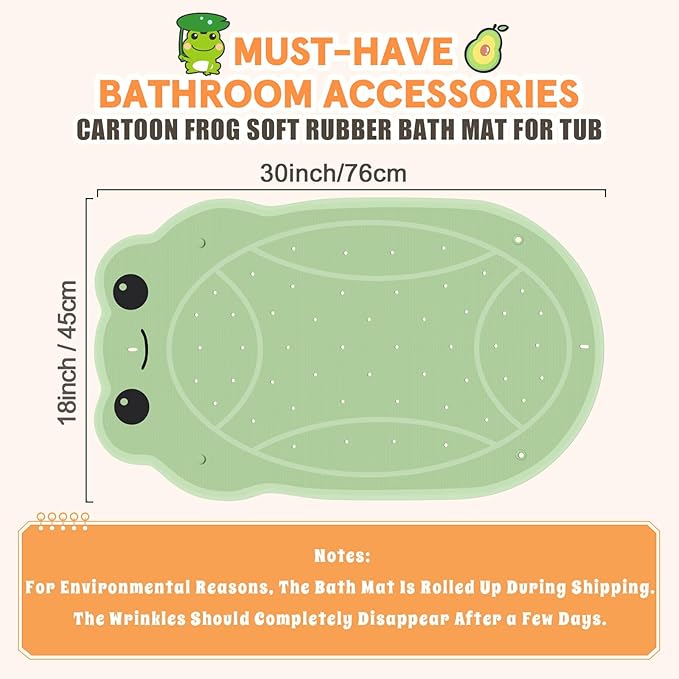 Blue Bath Shower Mat for Toddlers, BPA-Free Cartoon Frog Bathtub Mat Non Slip, Soft Rubber Bath Mat for Tub, Shower Bath Mats with Suction Cups & Drain Holes for Inside Shower and Bathroom