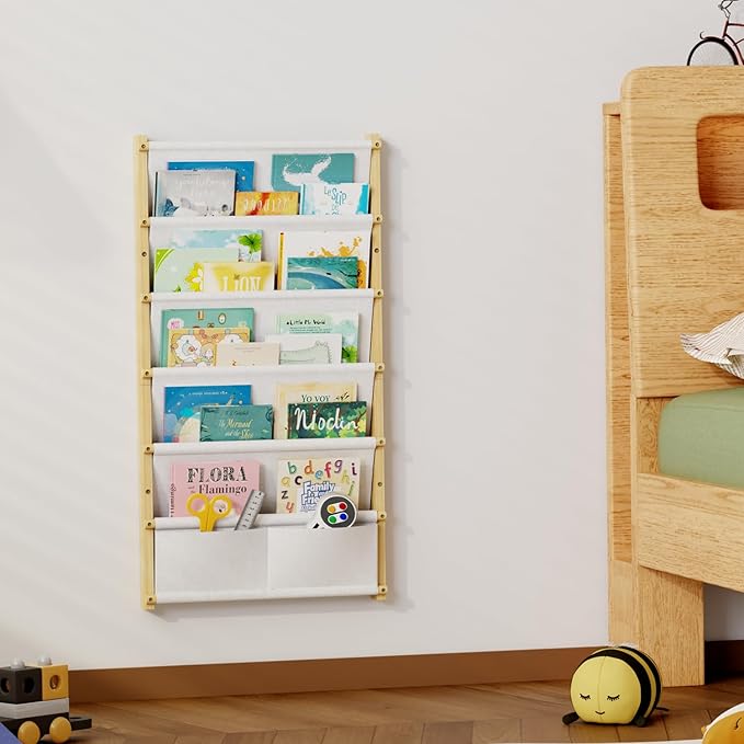 Wood 6-Tier Wall Mounted Kids Bookshelf – Floating Book Shelf For Kids Rooms,Nursery & Classroom, Hanging Bookcase Organizer For Books,Toddler Book Shelf, Montessori Bookshelf, Nursery Shelves (Small)