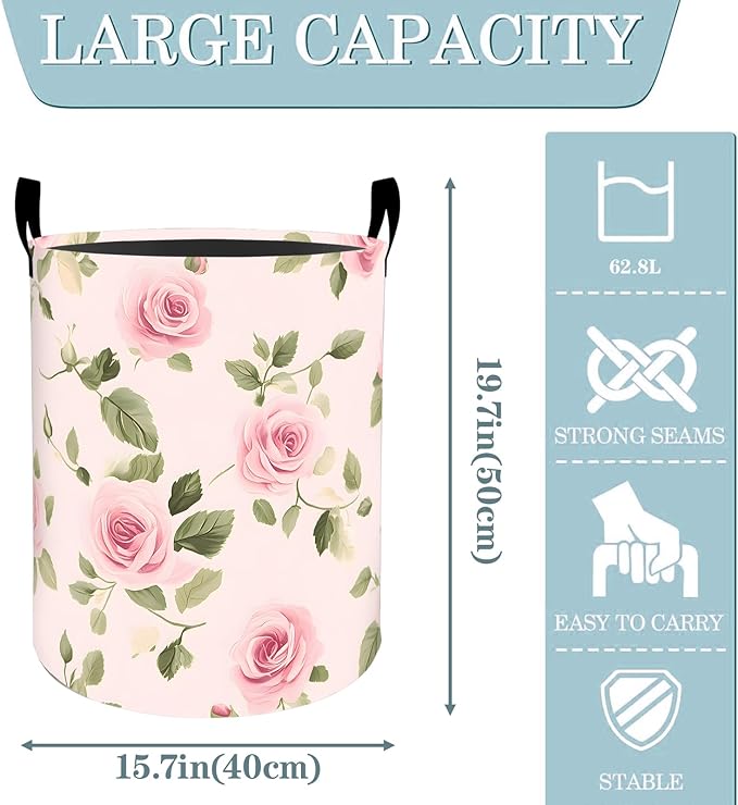 VODRM Rose Floral Pink Flower Laundry Basket, Dirty Collapsible Clothes Toy Organizer Hamper for Kids Adults, Oxford Cloth Waterproof Storage Bin for Bedroom Bathroom Home Decor Gifts, 19.7"X15.7"