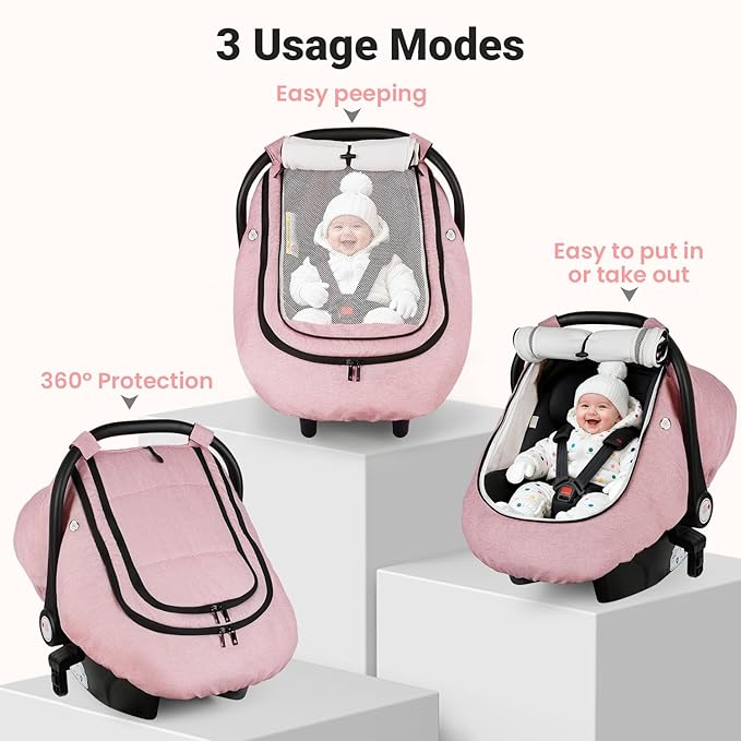 Rquite Car Seat Cover Baby, Winter Carseat Covers Boy Girl, Waterproof Infant Car Seat Cover Warm Car Seat Canopy for Cold Weather, Windproof Baby Carrier/Stroller Cover with 2 Layers Windows, Pink