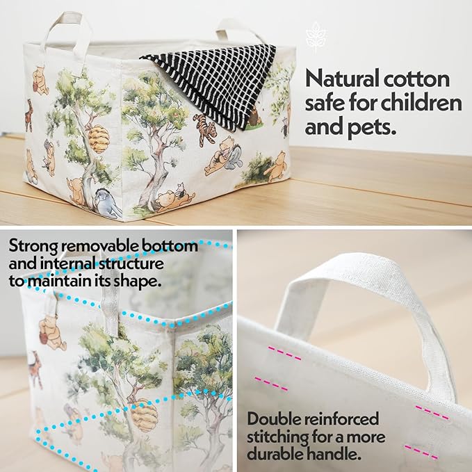 Sweet Baby Co. Classic Winnie Pooh Storage Nursery Basket With Hard Bottom Large Square Canvas Cotton Laundry Hamper Bin Waterproof Foldable Bathroom and Bedroom Stuff Clothes Toys Baby Vintage Decor