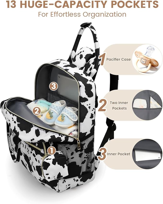 Pritent Diaper Bag Backpack,Baby Essentials Diapers Bag with Pacifier Case,Multipurpose Stylish Large Capacity Travel Backpack for Baby Girl/Boy(M-Cow Print)