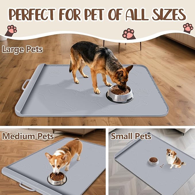 Bartuke Dog Food Mat with Collection Pocket, 42''x28'' Extra Large Silicone Pet Feeding Mat for Food and Water, Waterproof Anti-Slip Dog Mat with Edge and Handle, Pet Placement for Floor(Light Grey)
