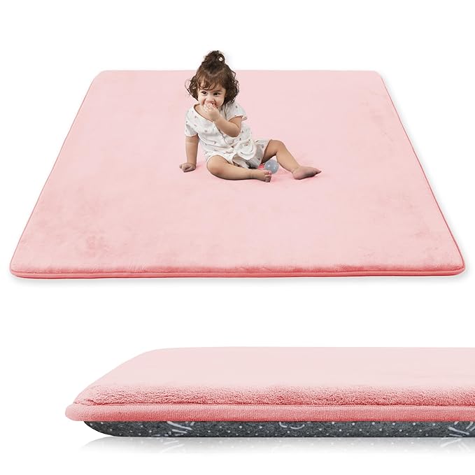 1.3" Thick Baby Play Mat for Floor, 79x79 Playpen Mat, Pro Soft Flannel Foam Mats Toddler Infant Kids Crawling for Nursery Rug Playroom Living Room Waterproof Easy Care Non-Slip (Pink)
