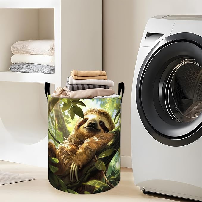 Relaxed Sloth in Lush Green Forest Laundry Basket with Handles, 19.7"x15.7" Clothes Foldable Laundry Hamper Organizer for Dorm Nursery Bedroom Bathroom Decor, Toy Storage Bin for Kids